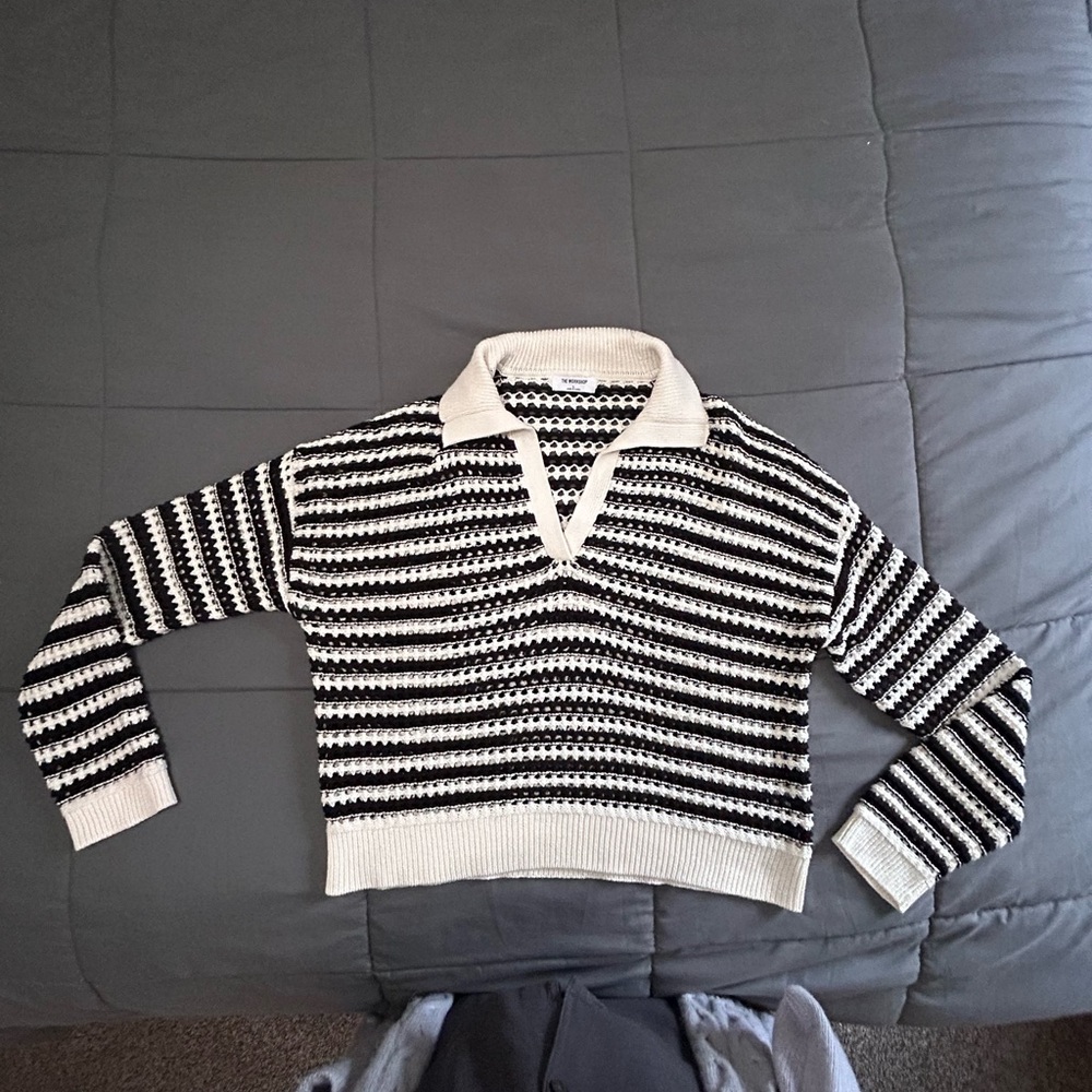 Striped V-Neck Sweater - Black and White